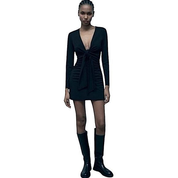 Zara Black Dress Tied Ruched Long Sleeve Size L • NEW WITH TAGS • - Picture 6 of 11